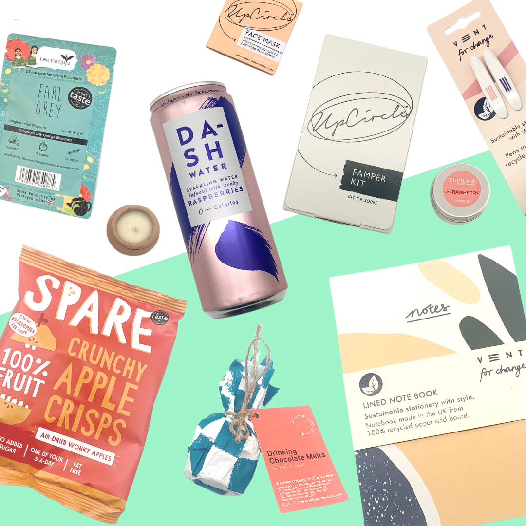 flat lay of food and drink products made by social enterprises