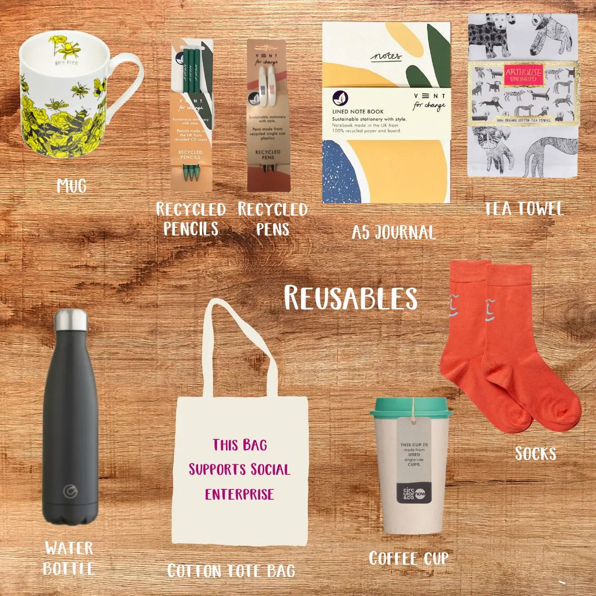 Collection of reusable items including a mug, pencils, pens, tea towel, water bottle, cotton tote bag, coffee cup, and socks on a wooden surface.