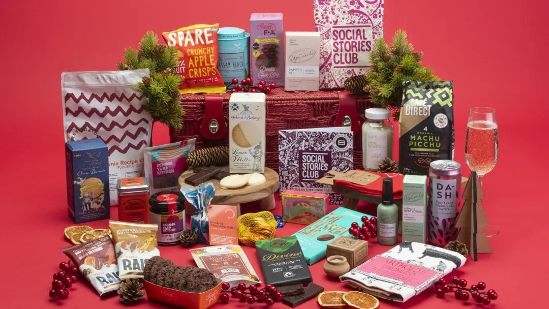 Social Stories Club Christmas gift hamper with ethical treats, chocolate, coffee and self-care products.