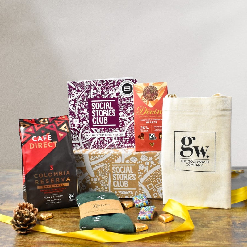 Thinking of You Gift Box. This is an image of a thoughtful gift. On the left is a sustainable gift box which is surrounded by social enterprise products with social stories.