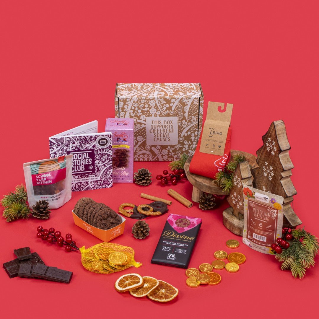 Christmas Gift Box with socks, cookies, chocolate coins, dark chocolate, chilli pretzels and mulled wine tea