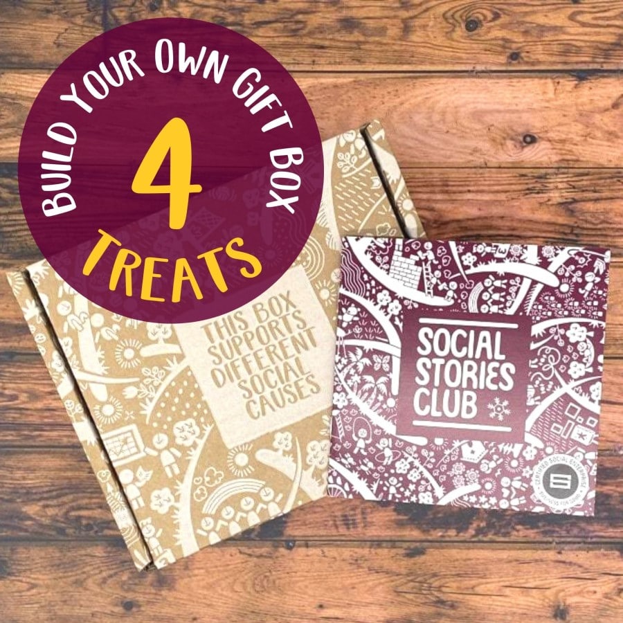 Build Your Own Gift Box - 4 Treats: a kraft gift box and story booklet with a '4 treats' badge