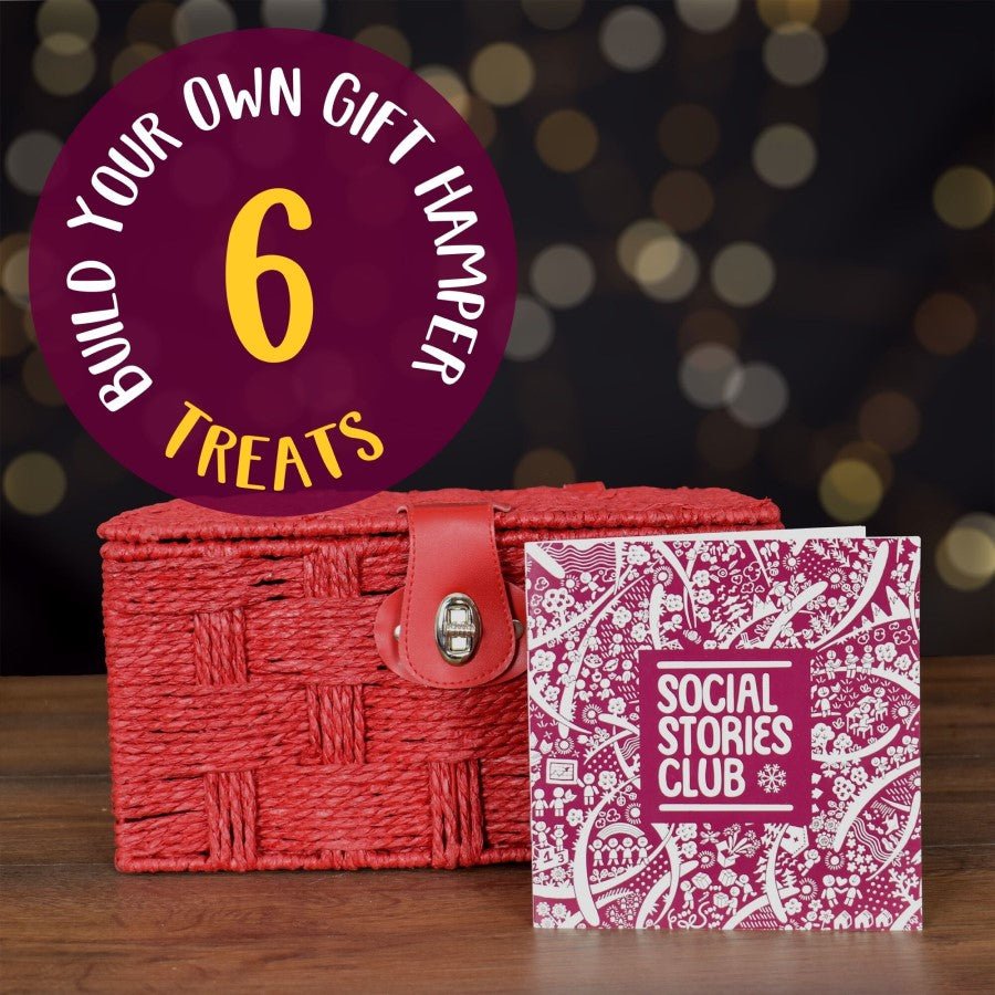 Build Your Own Gift Hamper - 6 Treats: a red paper rope hamper and story booklet with a '6 treats' badge